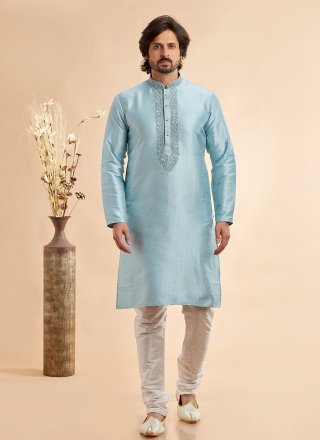 Machine Embroidery Work Jacquard Silk Kurta Pyjama In Aqua Blue for Casual