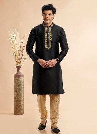 Machine Embroidery Work Jacquard Silk Kurta Pyjama In Black