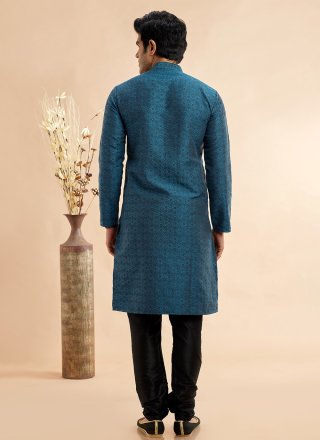Machine Embroidery Work Jacquard Silk Kurta Pyjama In Teal