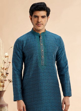 Machine Embroidery Work Jacquard Silk Kurta Pyjama In Teal