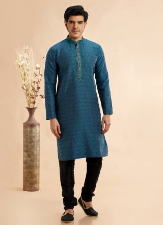 Machine Embroidery Work Jacquard Silk Kurta Pyjama In Teal