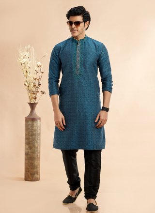 Machine Embroidery Work Jacquard Silk Kurta Pyjama In Teal
