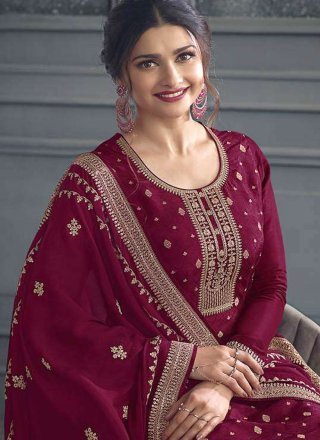 Magenta and Maroon Jacquard Silk Embroidered Work Salwar Suit for Ceremonial