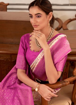 Magenta and Off White Nylon Traditional Saree