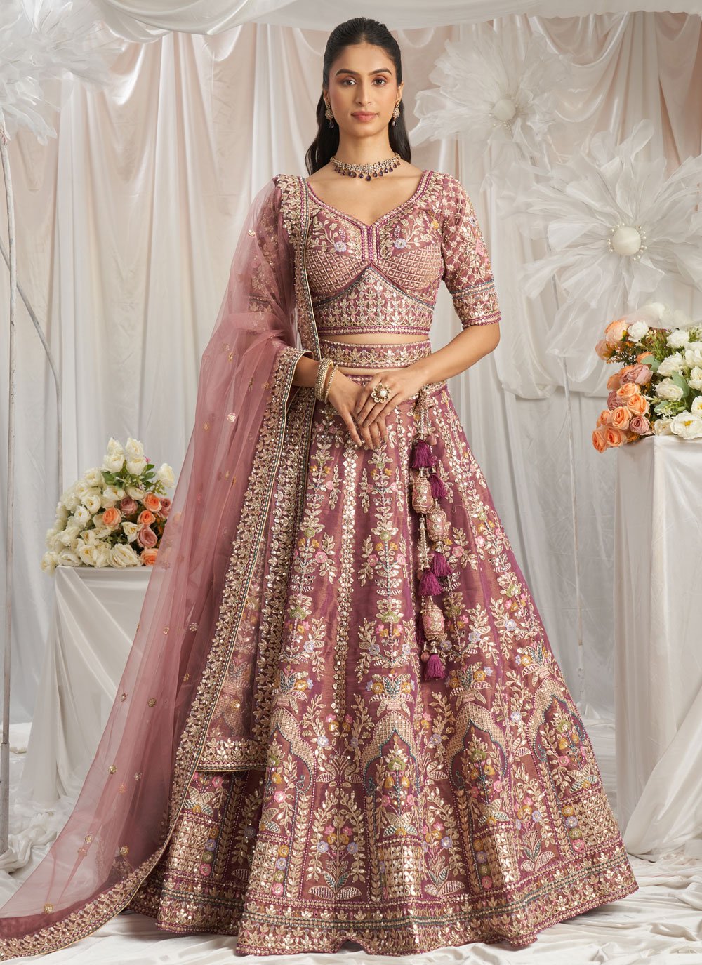 Magenta and Purple Tissue Lehenga Choli with Embroidered Sequins and Thread Work for Women Buy Online