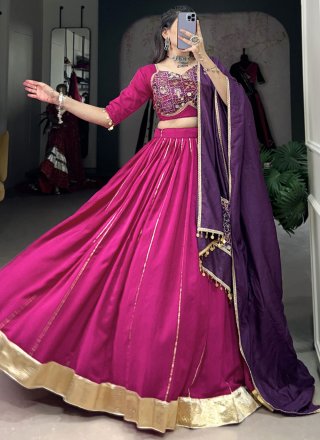 Magenta and Rani Chanderi Patch Border, Lace, Plain and Zari Work Readymade Lehenga Choli for Ceremonial
