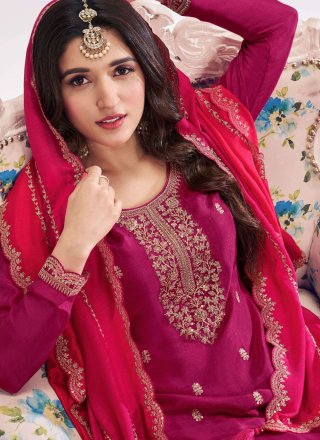 Magenta and Rani Vichitra Silk Embroidered, Sequins and Zari Work Salwar Suit for Ceremonial