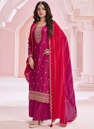 Magenta and Rani Vichitra Silk Embroidered, Sequins and Zari Work Salwar Suit for Ceremonial