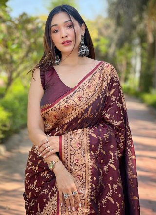 Magenta Banarasi Silk Contemporary Sari with Woven and Zari Work for Casual