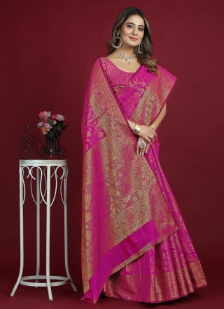 Magenta Banarasi Silk Trendy Saree with Woven Work