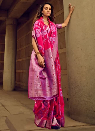 Magenta Brasso Digital Print and Woven Work Contemporary Sari for Women
