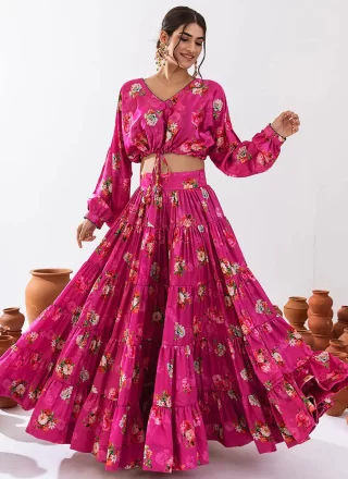 Magenta Chinon Readymade Lehenga Choli with Digital Print Work for Women