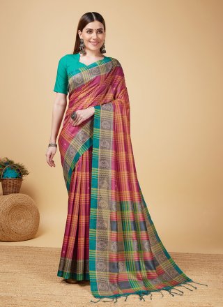 Magenta Cotton Silk Casual Sari with Weaving Work