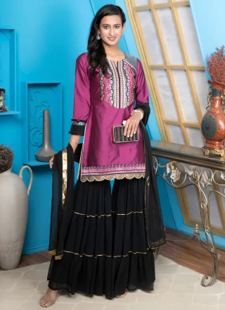 Magenta Cotton Silk Embroidered, Thread and Zari Work Salwar Suit
