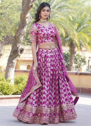 Magenta Jacquard Lehenga Choli with Embroidered and Sequins Work