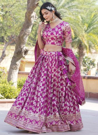 Magenta Jacquard Lehenga Choli with Embroidered and Sequins Work
