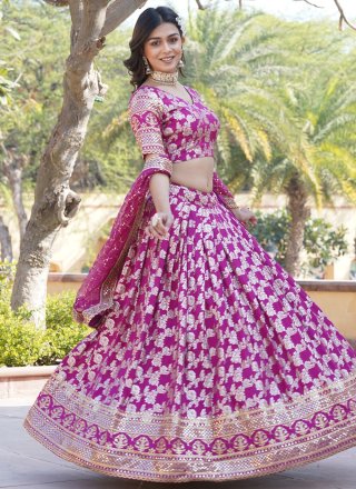 Magenta Jacquard Lehenga Choli with Embroidered and Sequins Work
