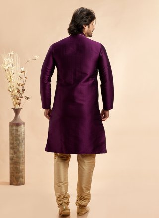 Magenta Jacquard Silk Kurta Pyjama with Machine Embroidery Work
