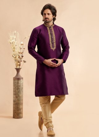 Magenta Jacquard Silk Kurta Pyjama with Machine Embroidery Work