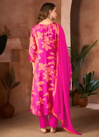 Magenta Muslin Salwar Suit with Digital Print and Hand Work