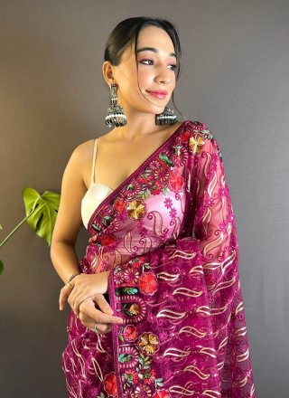 Magenta Net Embroidered and Thread Work Contemporary Saree for Women