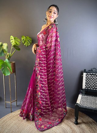 Magenta Net Embroidered and Thread Work Contemporary Saree for Women