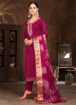 Magenta Organza Salwar Suit with Hand and Woven Work for Ceremonial