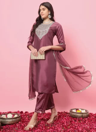 Magenta Silk Blend Salwar Suit with Embroidered Work for Ceremonial