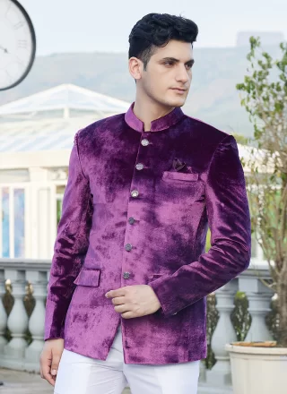 Magenta Velvet Plain Work Jodhpuri Jacket