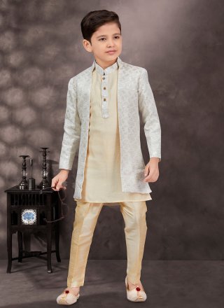 Magnetic Cream and Grey Banarasi Silk Sherwani Kids Wear with Buttons, Machine Embroidery and Thread Work