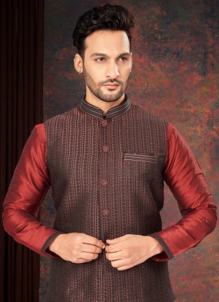Magnetic Maroon Jacquard Kurta Payjama with Jacket with Embroidered and Thread Work
