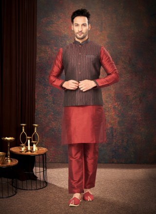 Magnetic Maroon Jacquard Kurta Payjama with Jacket with Embroidered and Thread Work