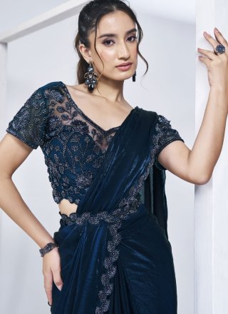 Magnetic Morpeach and Teal Satin Silk Trendy Saree with Patch Border and Cut Work