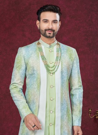 Magnetize Green and Multi Colour Banarasi Silk Sherwani Mens Wear with Digital Print and Machine Embroidery Work