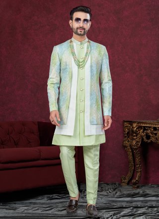 Magnetize Green and Multi Colour Banarasi Silk Sherwani Mens Wear with Digital Print and Machine Embroidery Work