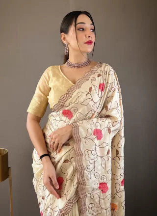 Magnetize Off White Tussar Silk Traditional Saree with Embroidered Work