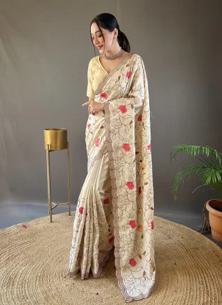 Magnetize Off White Tussar Silk Traditional Saree with Embroidered Work