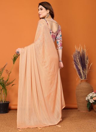 Magnificent Peach Polyester Designer Sari In Plain