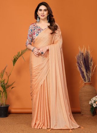 Magnificent Peach Polyester Designer Sari In Plain