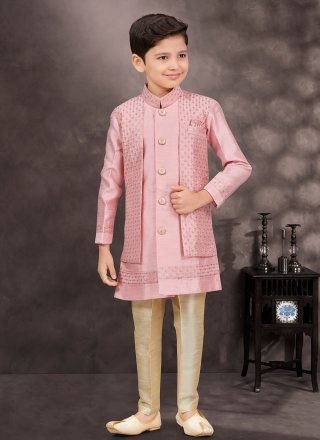 Magnificent Pink Banarasi Silk Sherwani Kids Wear with Buttons, Stone and Thread Work