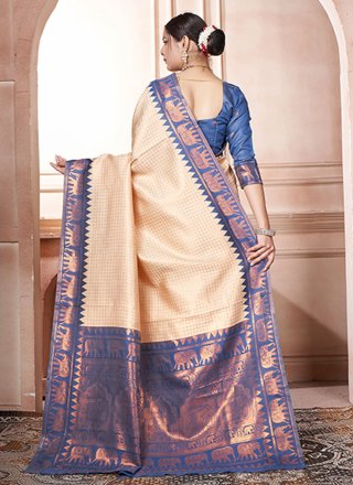 Majestic Cream and Purple Kanjivaram Silk Classic Saree