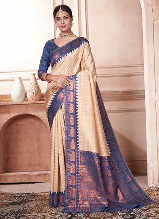 Majestic Cream and Purple Kanjivaram Silk Classic Saree