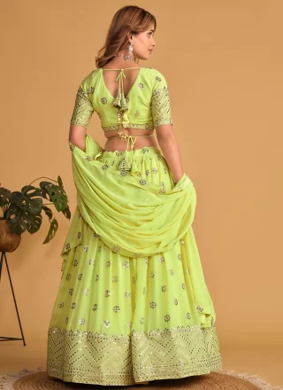 Majestic Green Georgette A - Line Lehenga Choli with Embroidered, Sequins and Thread Work