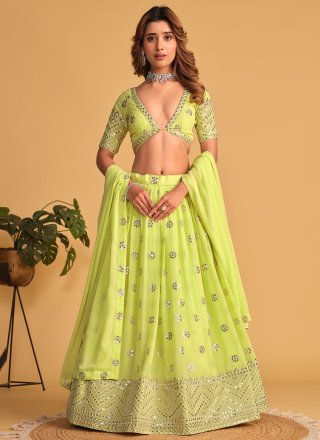 Majestic Green Georgette A - Line Lehenga Choli with Embroidered, Sequins and Thread Work