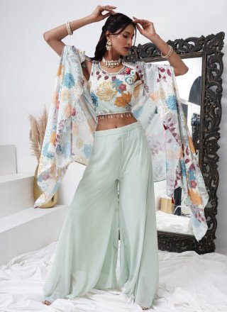 Majesty Aqua Blue Chinon Readymade Salwar Suit with Digital Print and Thread Work