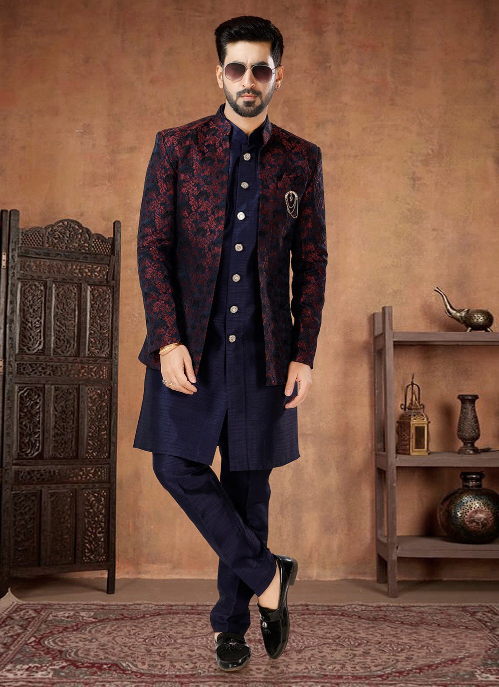 Maroon Indo Western Dress For Man For Wedding Dark Blue And Maroon