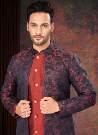 Maroon and Blue Jacquard Fancy and Jacquard Work Indo Western for Engagement