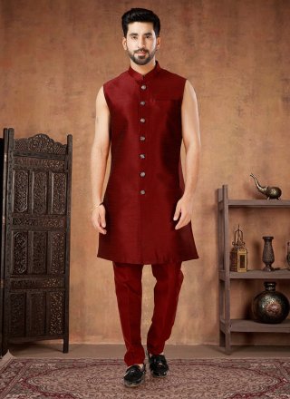 Maroon and Multi Colour Silk Fancy and Thread Work Indo Western for Engagement