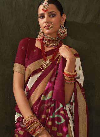 Maroon and Off White Silk Foil Print Work Classic Saree