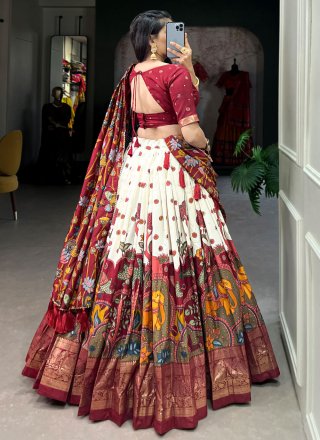 Maroon and Off White Tussar Silk Lehenga Choli with Patch Border and Foil Print Work
